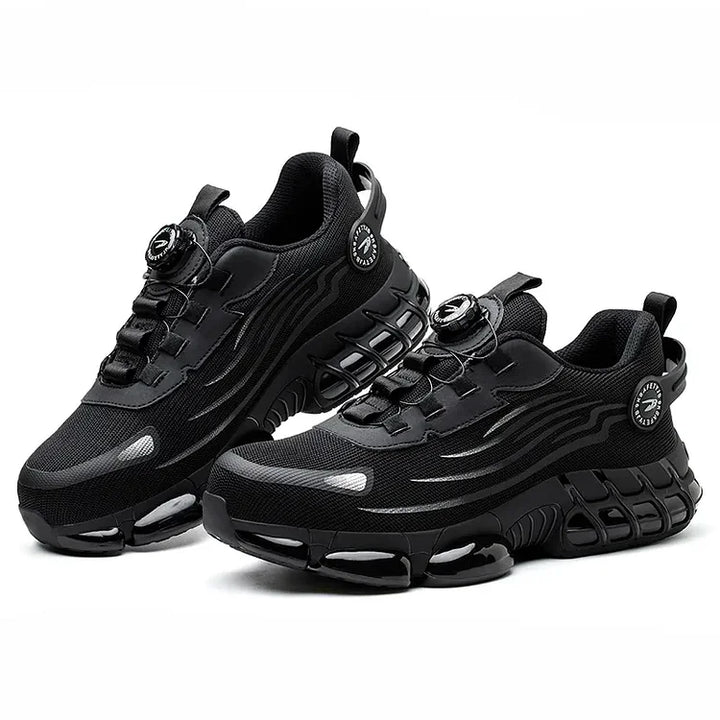 Industrial men's work boots with steel toe, non-slip, and robust for heavy-duty tasks.