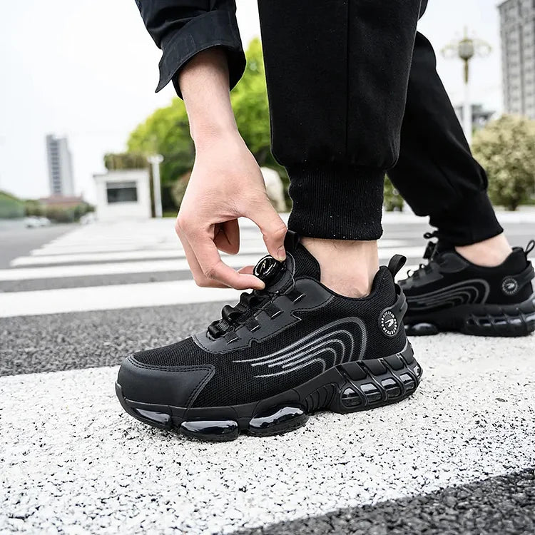 Men's puncture resistant work shoes with steel toe, non-slip sole, ensuring top safety.