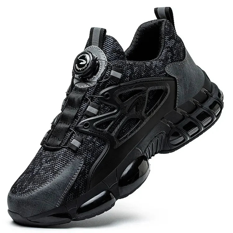 Athletic men's safety footwear with steel toe, non-slip traction, and protective design.