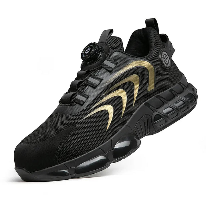Men's industrial safety shoes with steel toe, non-slip, and sleek athletic design.