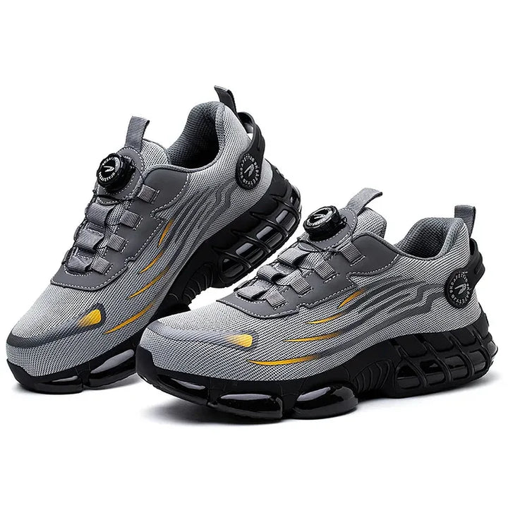 Men's industrial safety footwear: steel toe, non-slip, lightweight construction for active work.