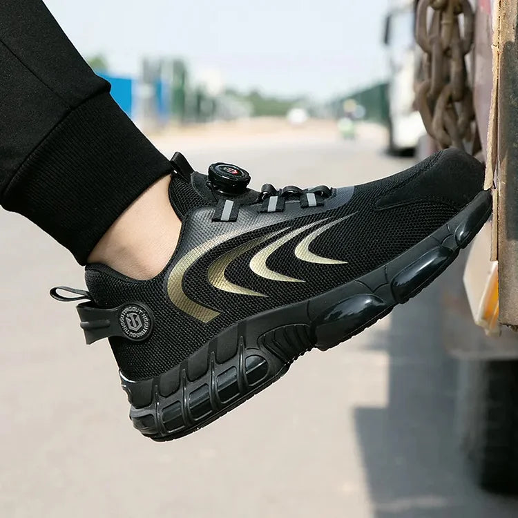 Men's non-slip safety shoes, steel toe, and puncture resistant for comprehensive foot protection.