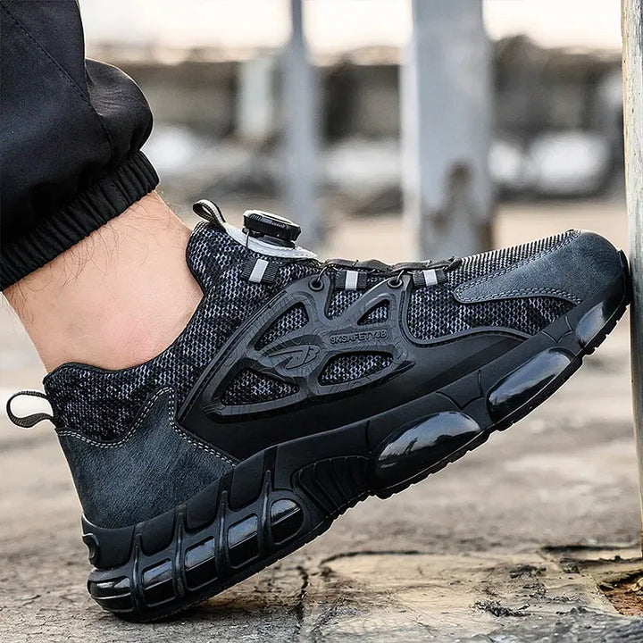 Men's quick lace safety shoes with steel toe, non-slip, for fast-paced work environments.