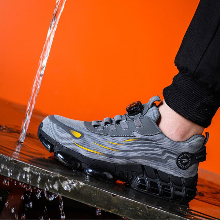 Protective men's construction footwear, steel toe, non-slip, and built to last.