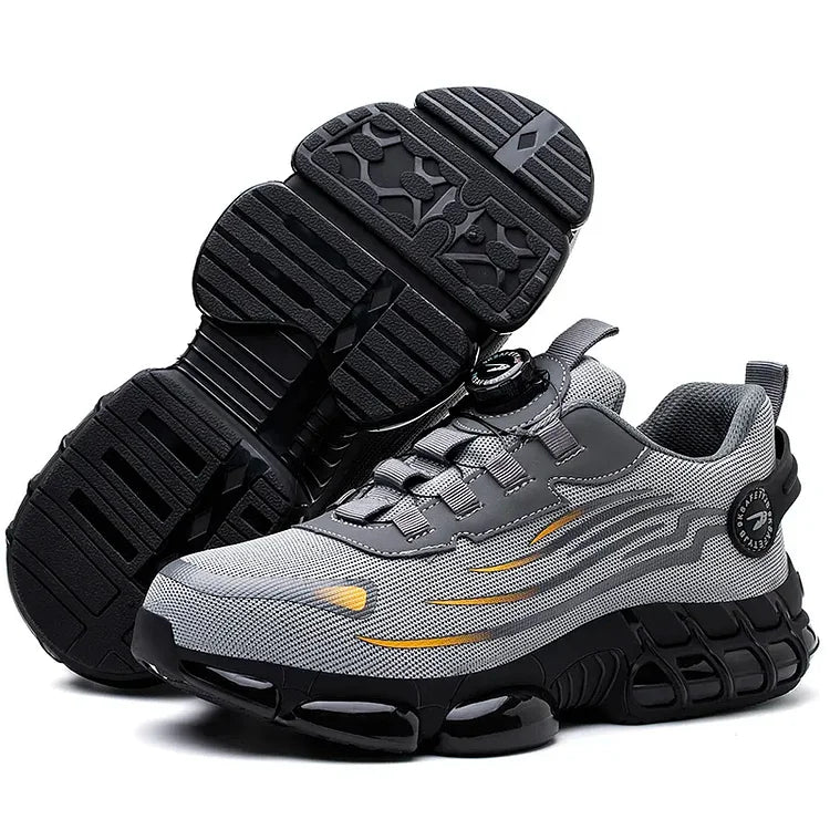 Rugged men's steel toe work boots with quick lace system, perfect for outdoor work.