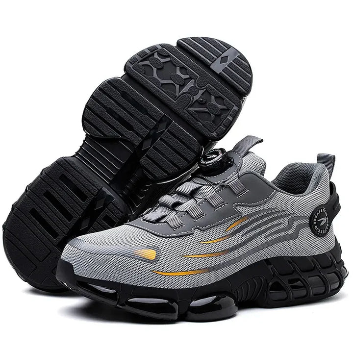 Rugged men's steel toe work boots with quick lace system, perfect for outdoor work.