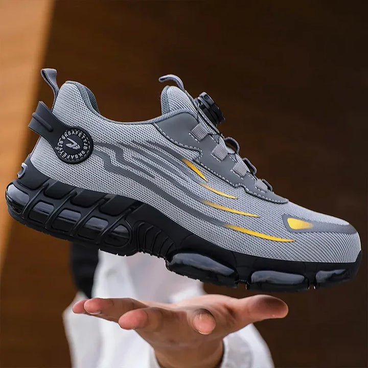 Puncture resistant men's work boots with steel toe, offering superior protection on job sites.