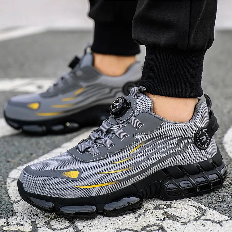 Lightweight men's athletic safety shoes for construction, featuring a protective steel toe.