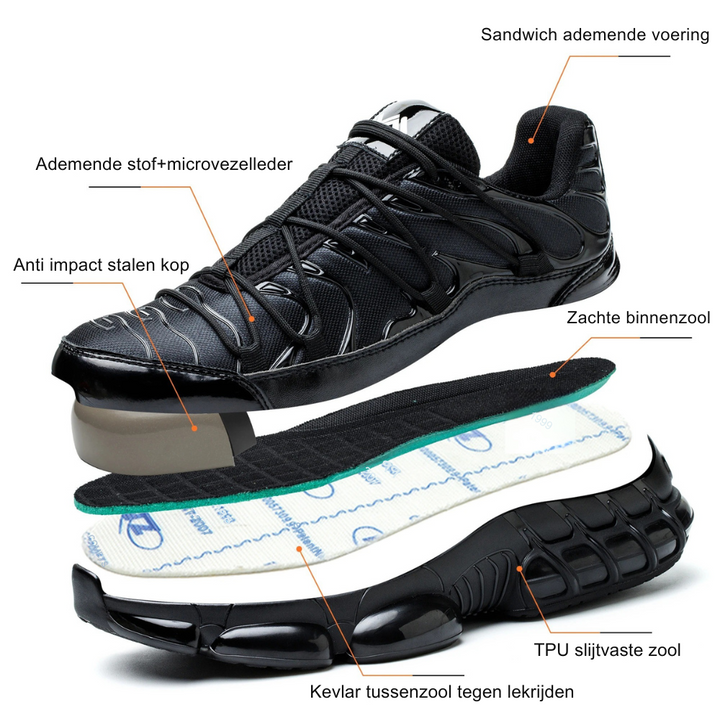 Front view: Men's steel toe safety work shoes with rugged design, protective toe cap, ideal for heavy-duty work.
