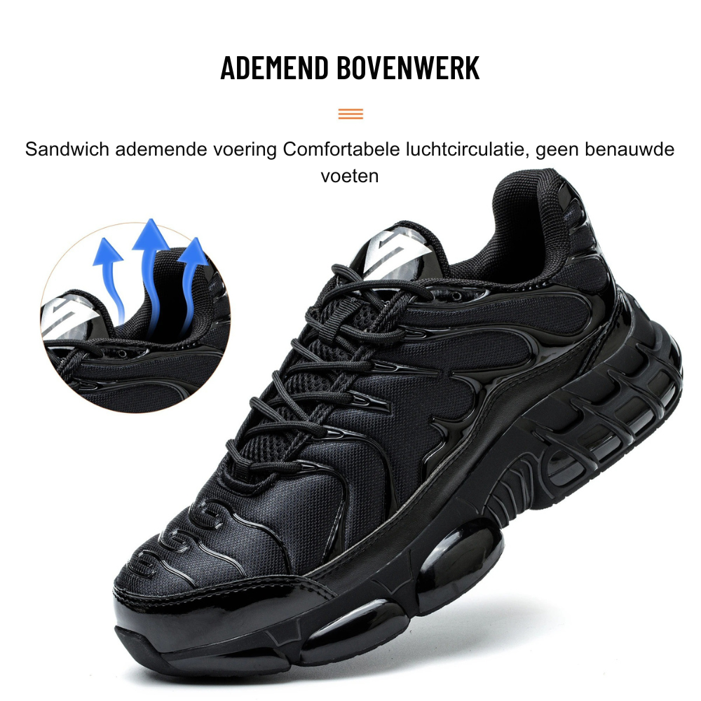 Side view: Men's durable steel toe work shoes showcasing robust construction and comfort features for long shifts.