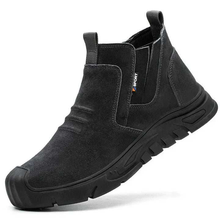 Men's heavy-duty industrial footwear with reinforced steel toe & waterproof, slip-resistant features.