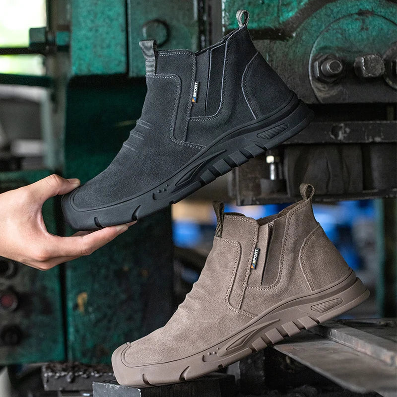 Men's protective work boots for tough environments, featuring steel toe safety & superior traction.