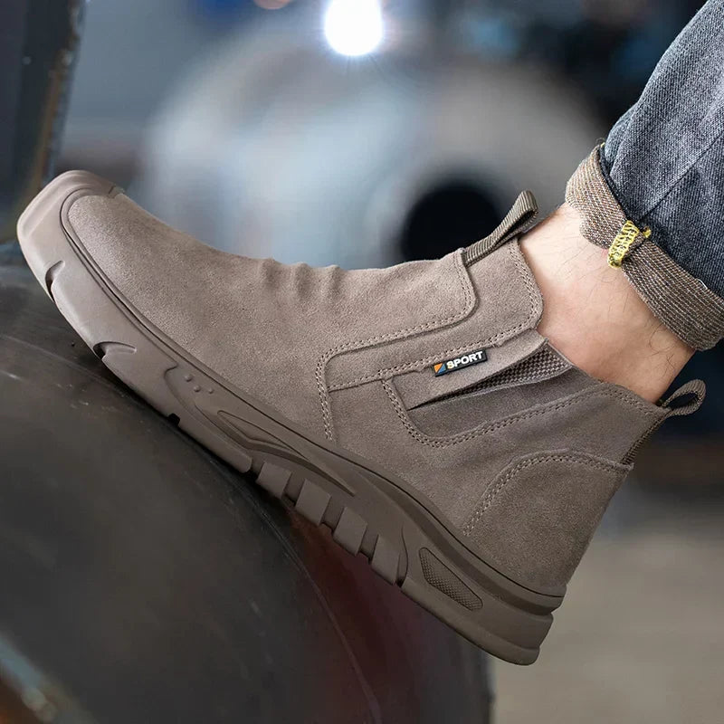 Full view of men's protective steel toe boots, designed for comfort and extreme durability.