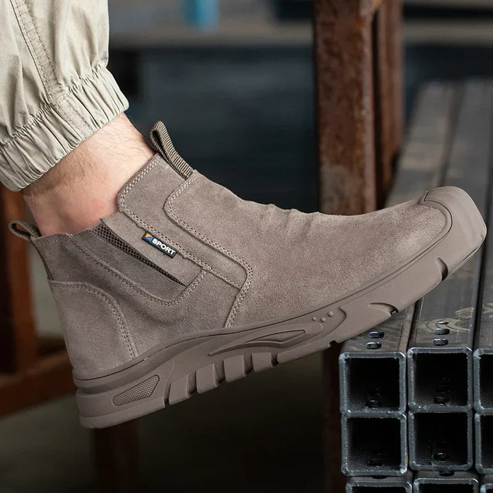 Men's black steel toe work boots, featuring a slip-resistant sole & oil-resistant outsole for tough jobs.