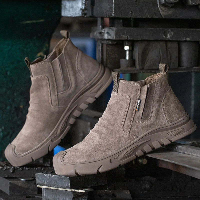 Pair of men's industrial safety boots, with steel toe protection and ultimate slip-resistance.