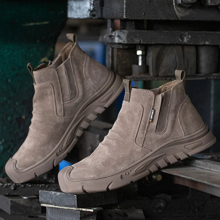 Pair of men's industrial safety boots, with steel toe protection and ultimate slip-resistance.