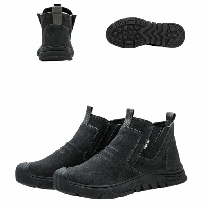 Front view of men's durable work boots, showcasing rugged design and essential steel toe safety.