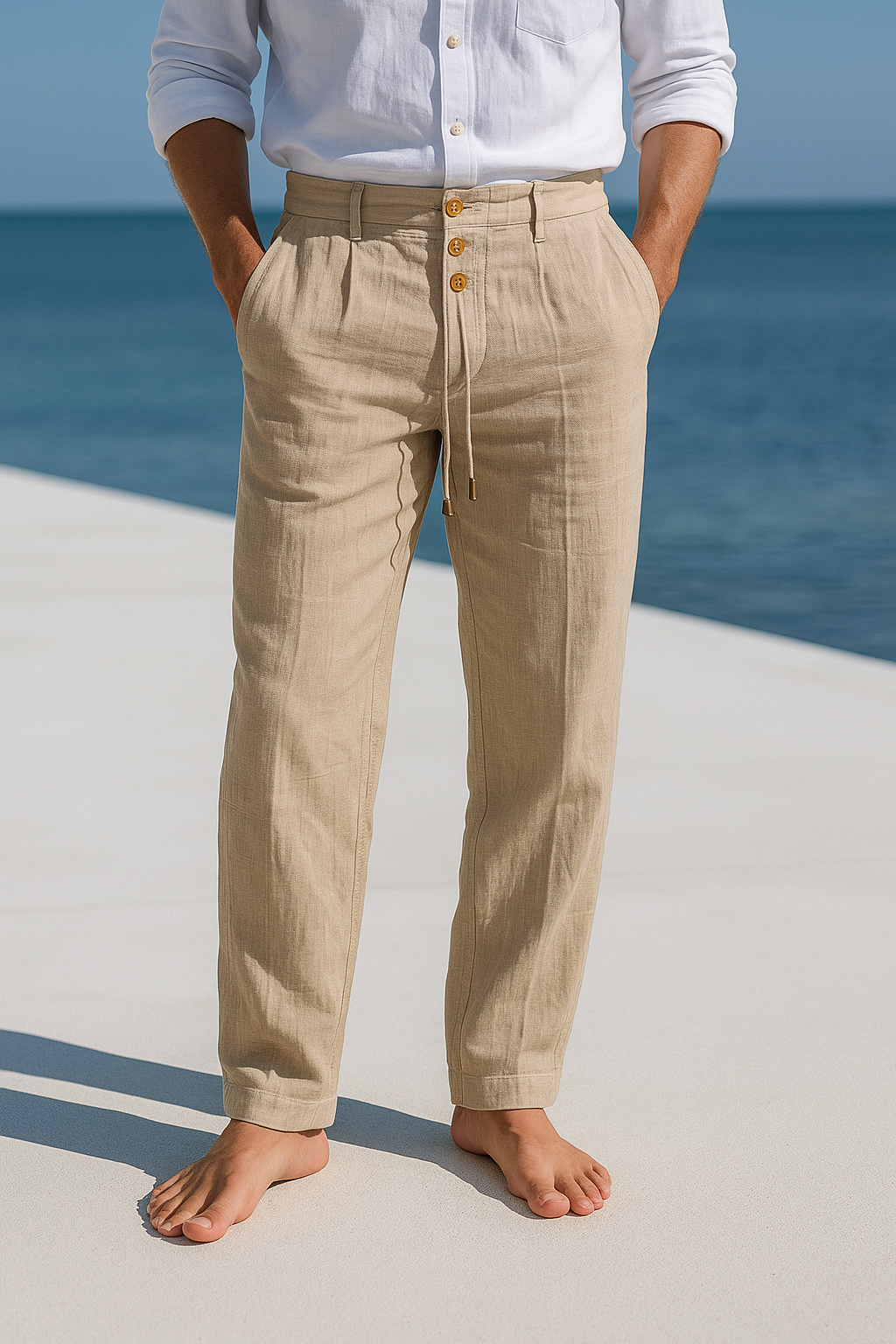 Men's straight fit linen trousers, perfect for breathable summer comfort. Elastic waist for casual style & beachwear.
