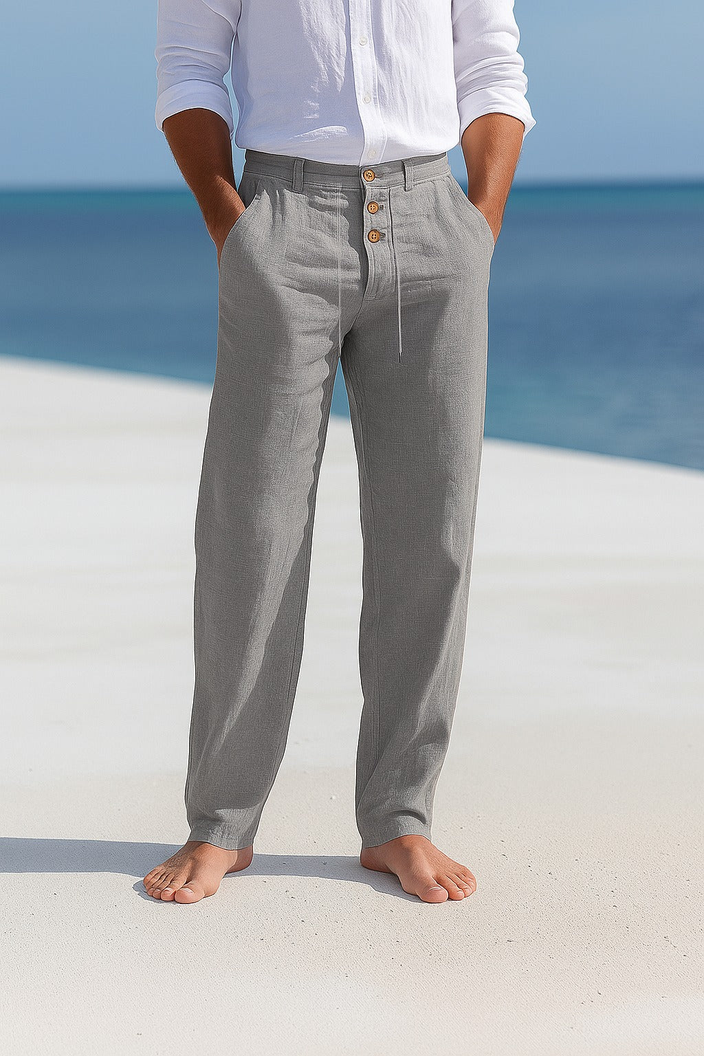 Men's breathable straight fit linen trousers with elastic waist, ideal for casual summer comfort & beachwear style.