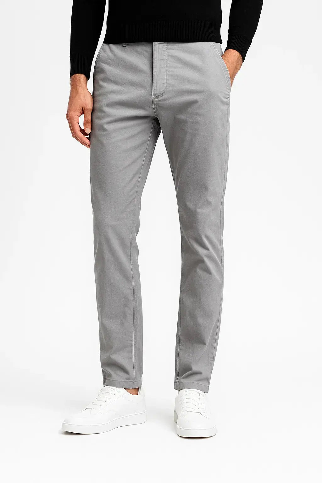 Men's straight fit stretch chino pants in a versatile modern style, perfect for casual or dress wear.