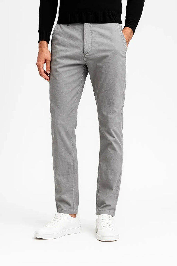 Men's straight fit stretch chino pants in a versatile modern style, perfect for casual or dress wear.