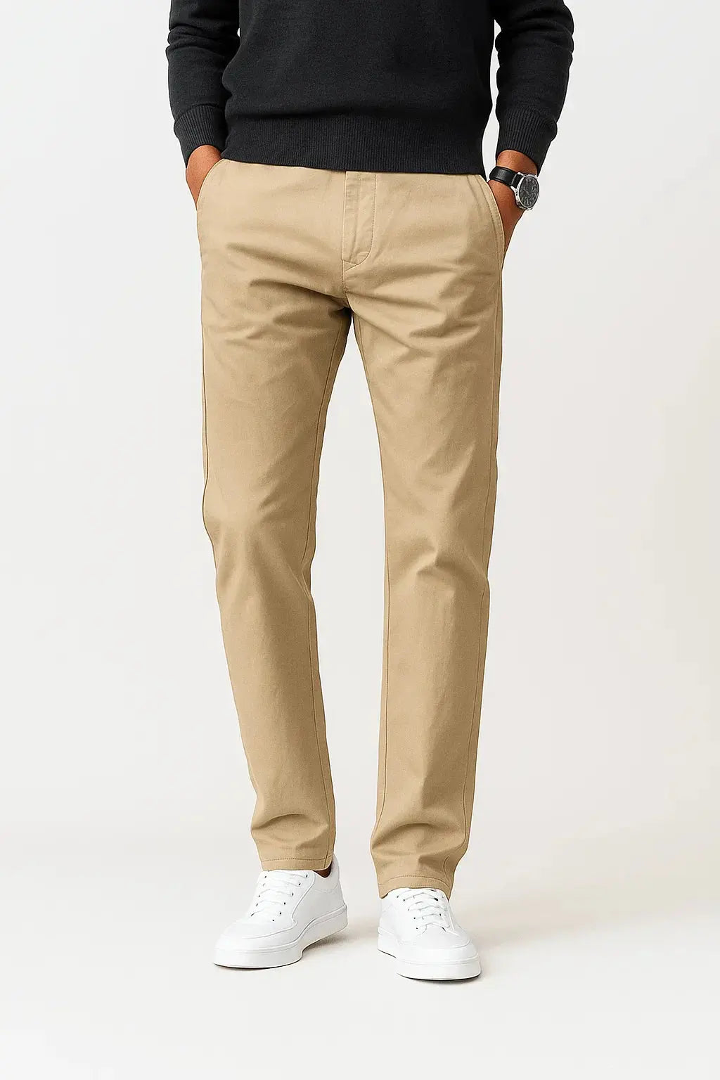 Detailed view of men's straight fit stretch chino pants, highlighting fabric, comfort, and quality.