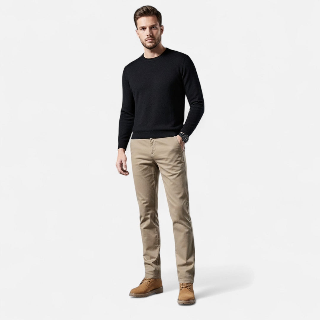 Khaki men's straight-leg tailored trousers, versatile for both formal events and everyday wear.