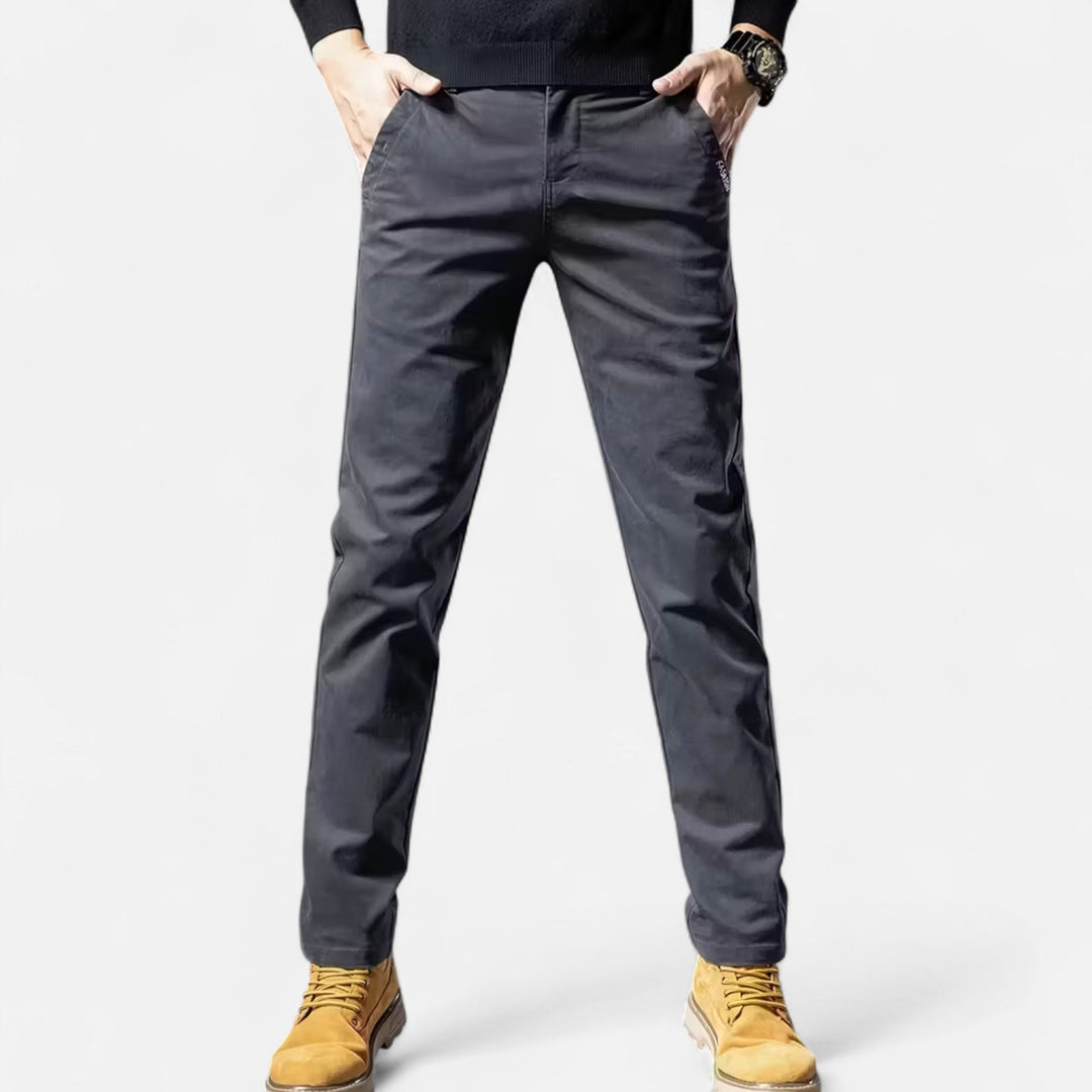 Grey tailored straight-leg dress pants for men, perfect for business meetings and classic office wear.