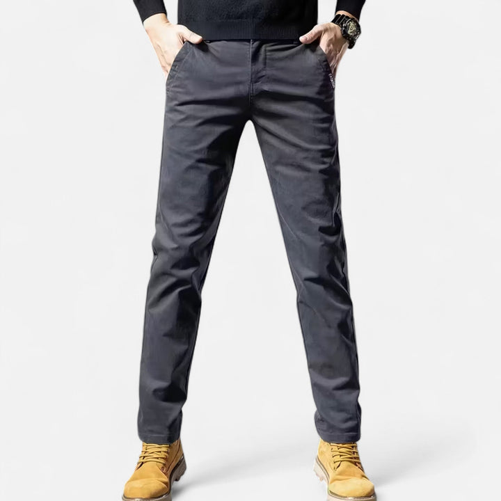 Grey tailored straight-leg dress pants for men, perfect for business meetings and classic office wear.