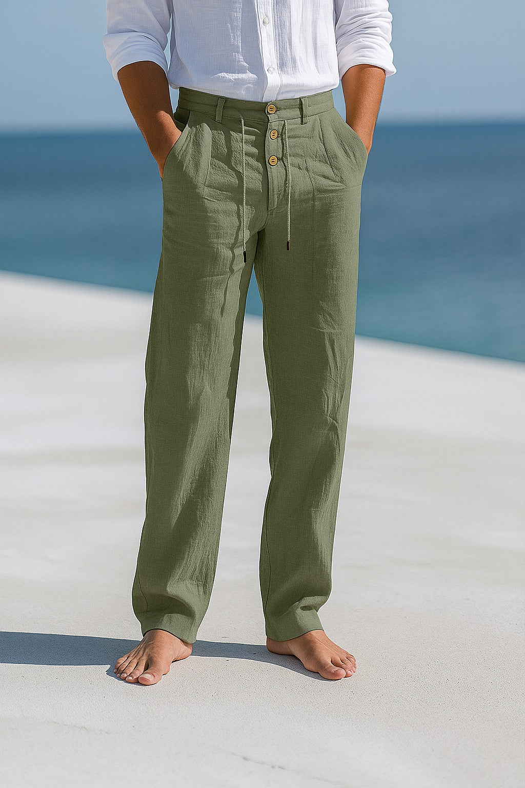 Versatile men's straight-leg casual pants, great for summer wear, vacation, travel, and relaxed everyday fashion.