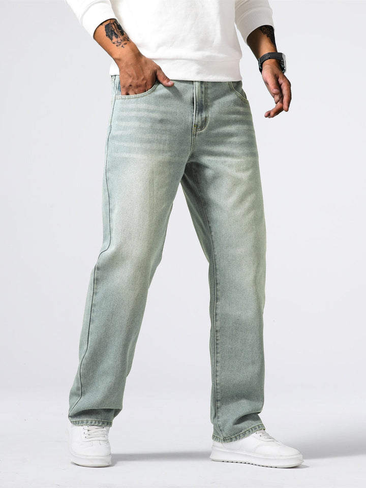 Casual men's straight leg washed jeans, perfect bottoms for everyday wear and a comfortable fit.