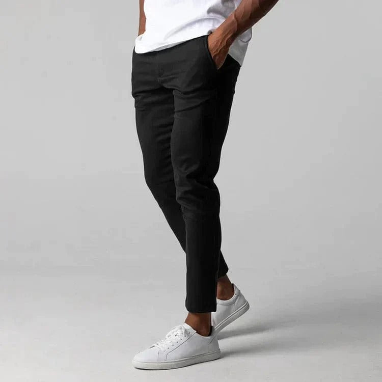 Tailored men's stretch chino pants with comfortable fit. Versatile cotton blend for everyday stylish men's fashion.