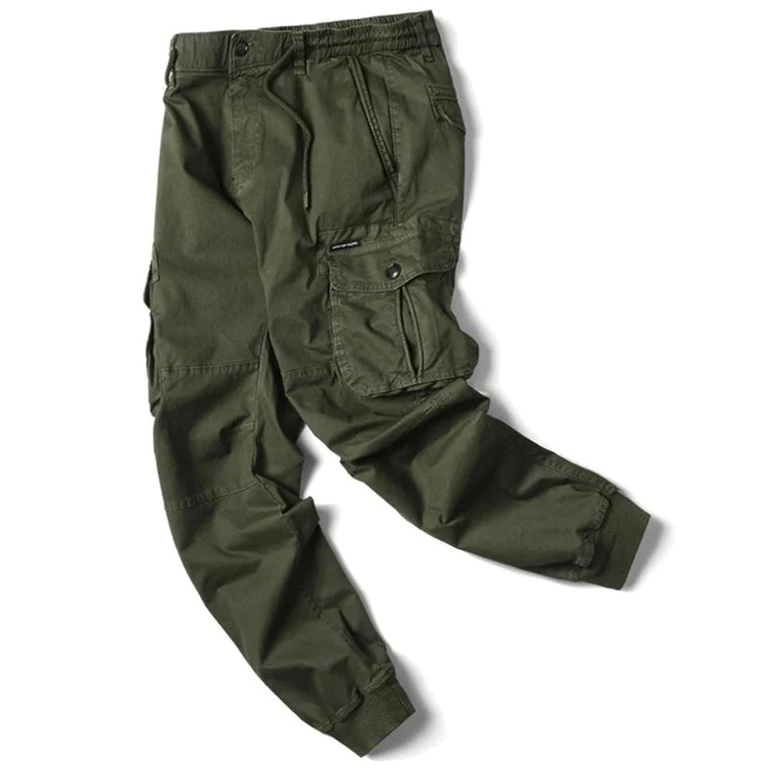 Active men's stretch cargo pants, utility pockets, durable for outdoor adventures & daily comfort.
