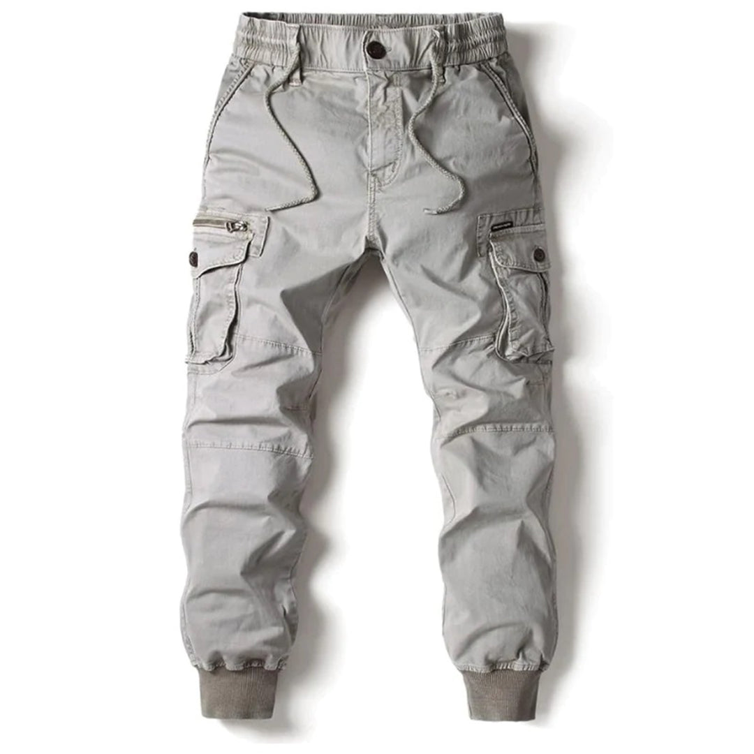 Comfortable men's stretch fit cargo pants, secure waist, ample utility storage for daily needs.