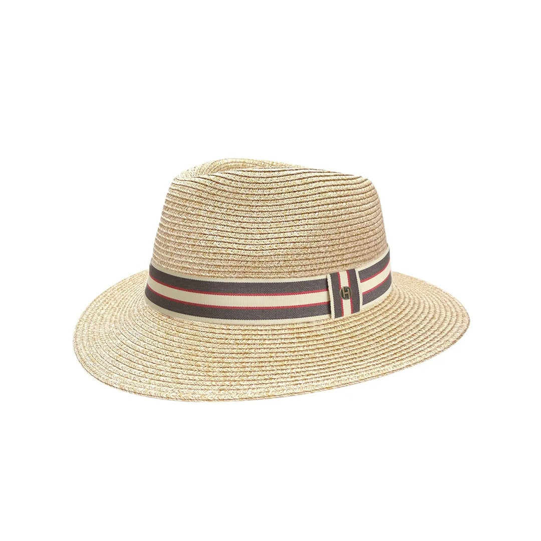Men's striped band fedora sun hat for summer style, beachwear, and casual outfits.