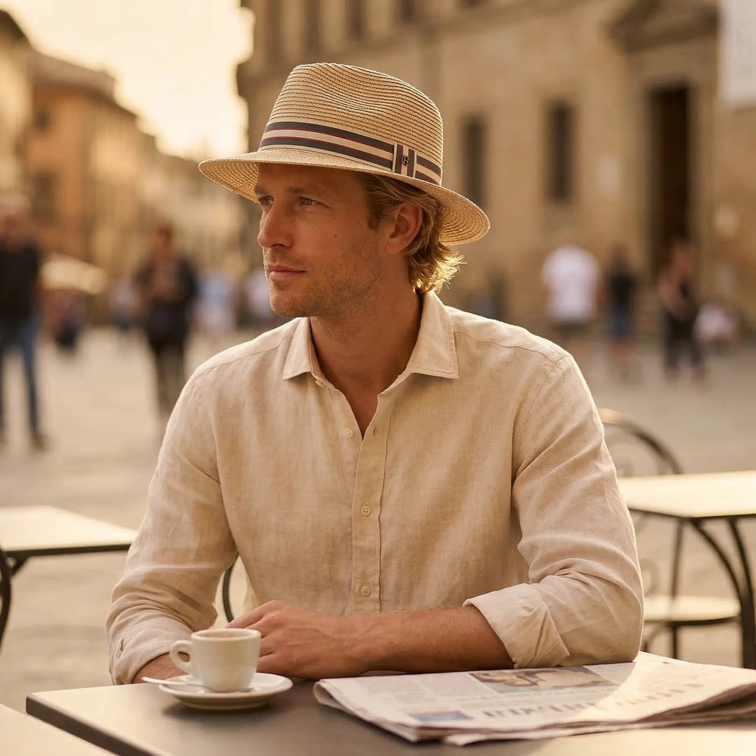 Everyday men's fedora sun hat with a modern striped band, essential for summer style & beach outings.