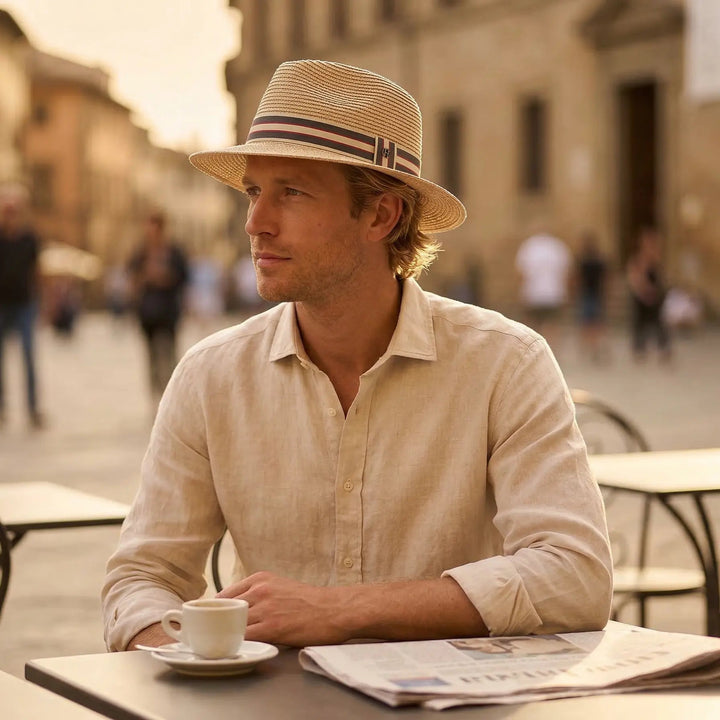 Everyday men's fedora sun hat with a modern striped band, essential for summer style & beach outings.