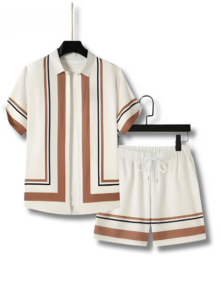 Men's striped casual co-ord set with button shirt & drawstring shorts, perfect for summer vacation or beachwear.