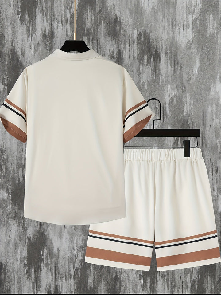 Lightweight men's two-piece striped outfit: short-sleeve button shirt & comfortable drawstring shorts.