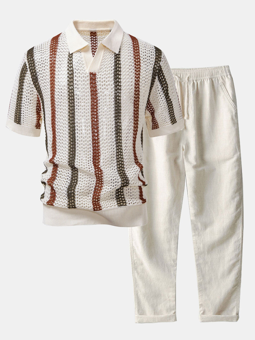 Men's striped crochet polo & linen trousers summer set. Relaxed fit, breathable, casual two-piece outfit.