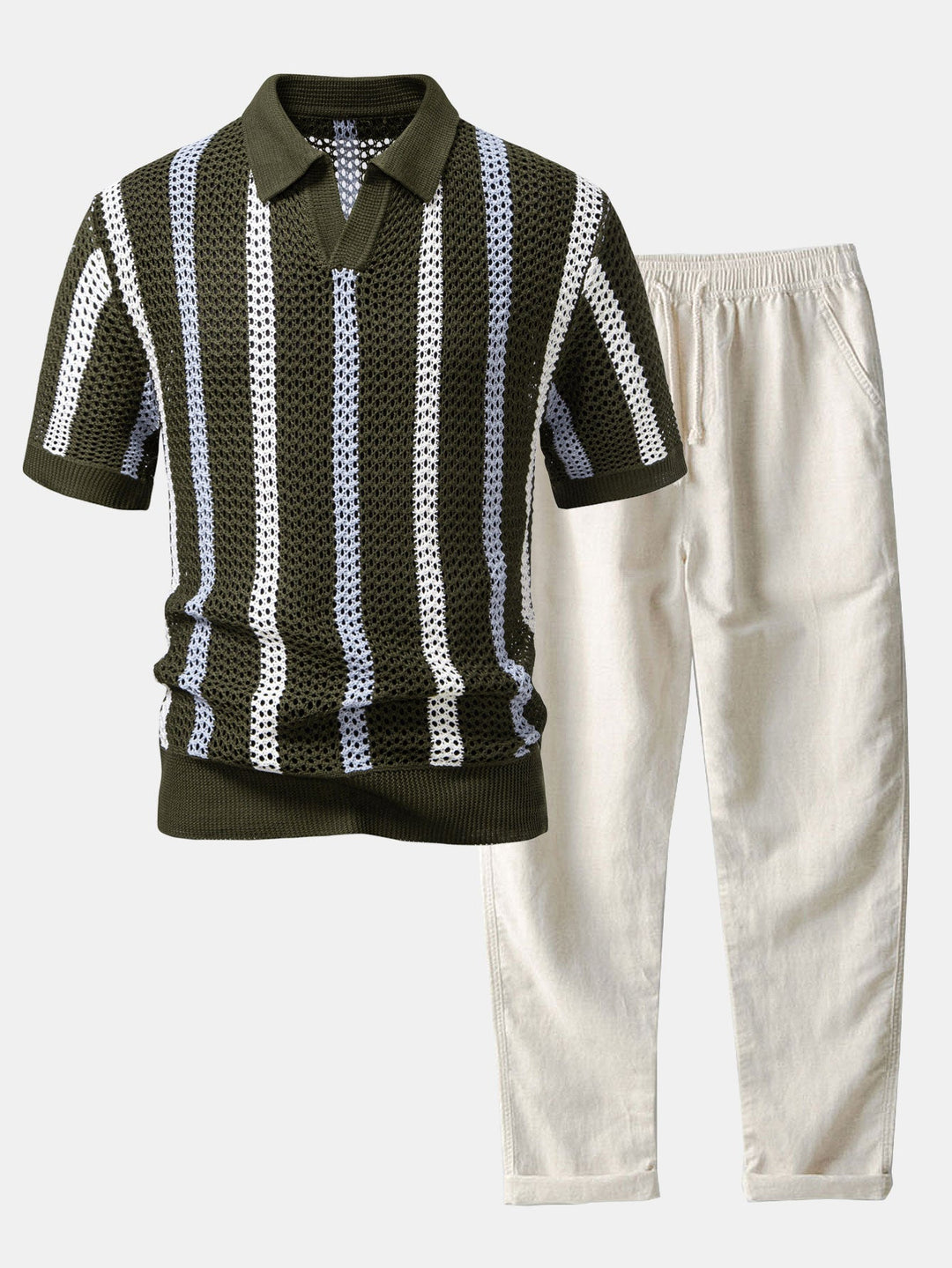 Men's relaxed fit crochet stripe polo and linen trousers summer set. Breathable two-piece for casual comfort.