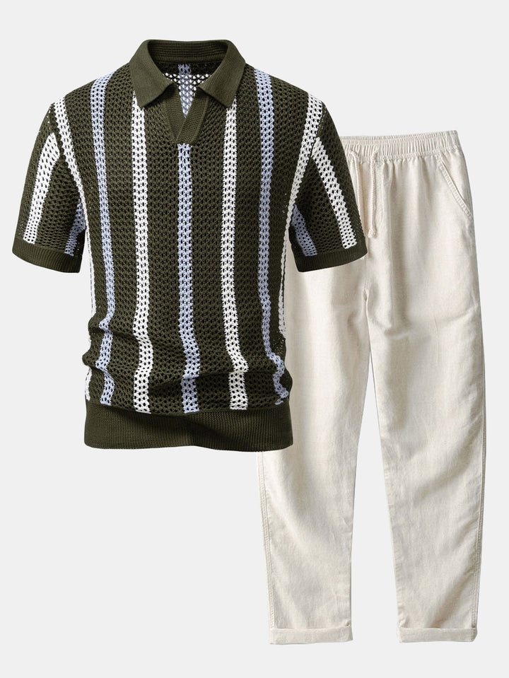 Men's relaxed fit crochet stripe polo and linen trousers summer set. Breathable two-piece for casual comfort.