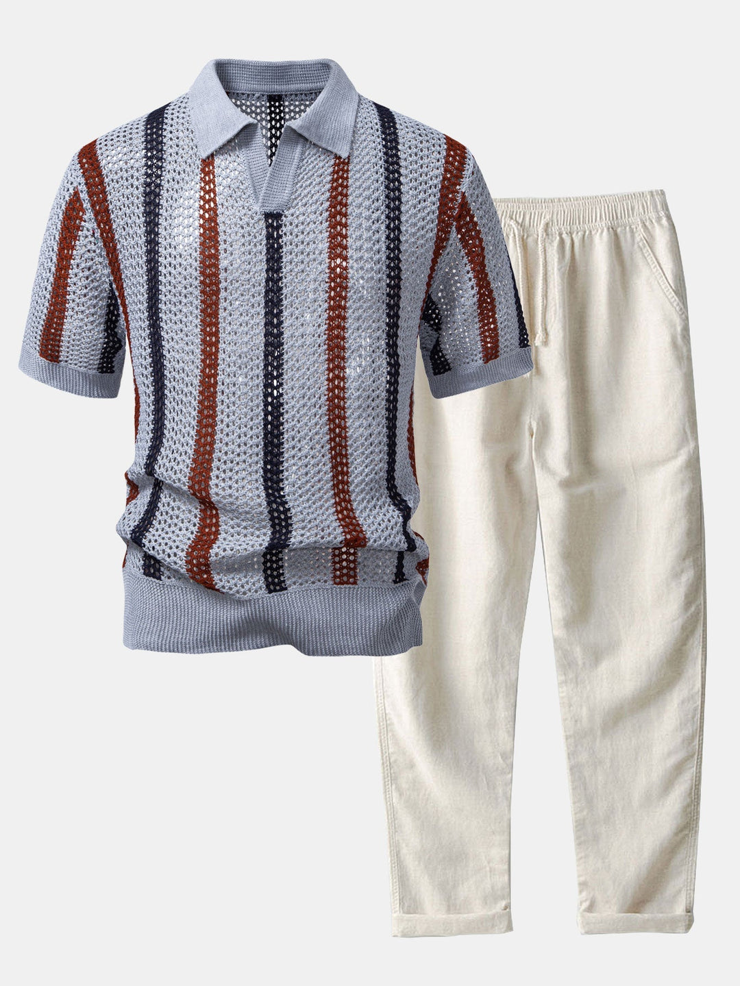 Men's striped crochet polo shirt & linen trousers two-piece summer set. Casual, breathable, relaxed fit.