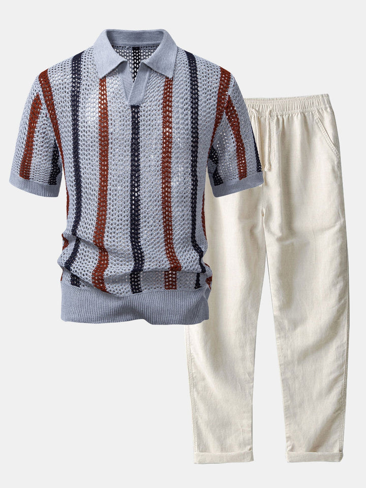 Men's striped crochet polo shirt & linen trousers two-piece summer set. Casual, breathable, relaxed fit.