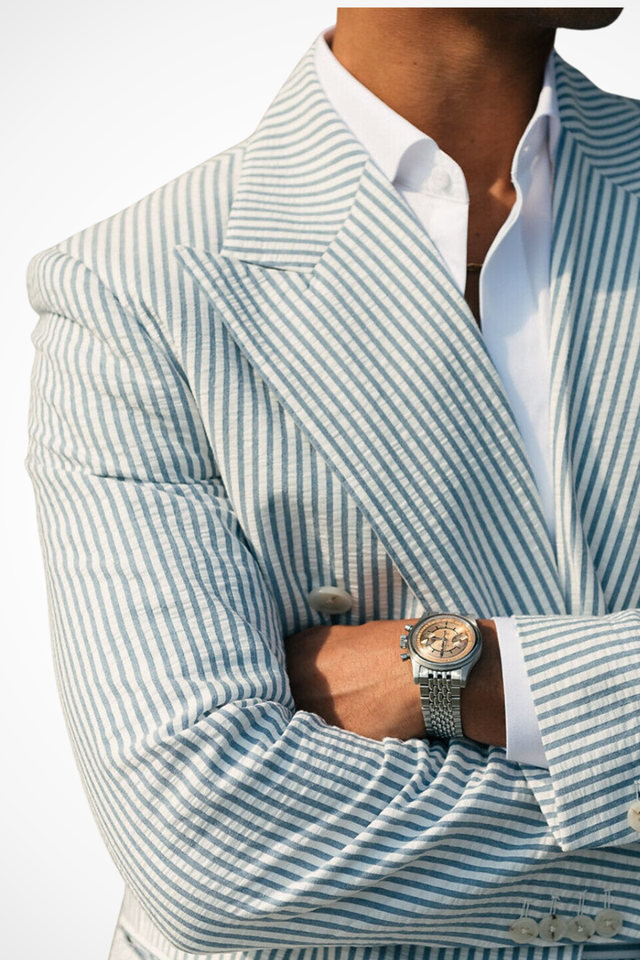 Versatile men's striped double-breasted suit. Stylish formal wear for weddings, summer events & men's fashion.