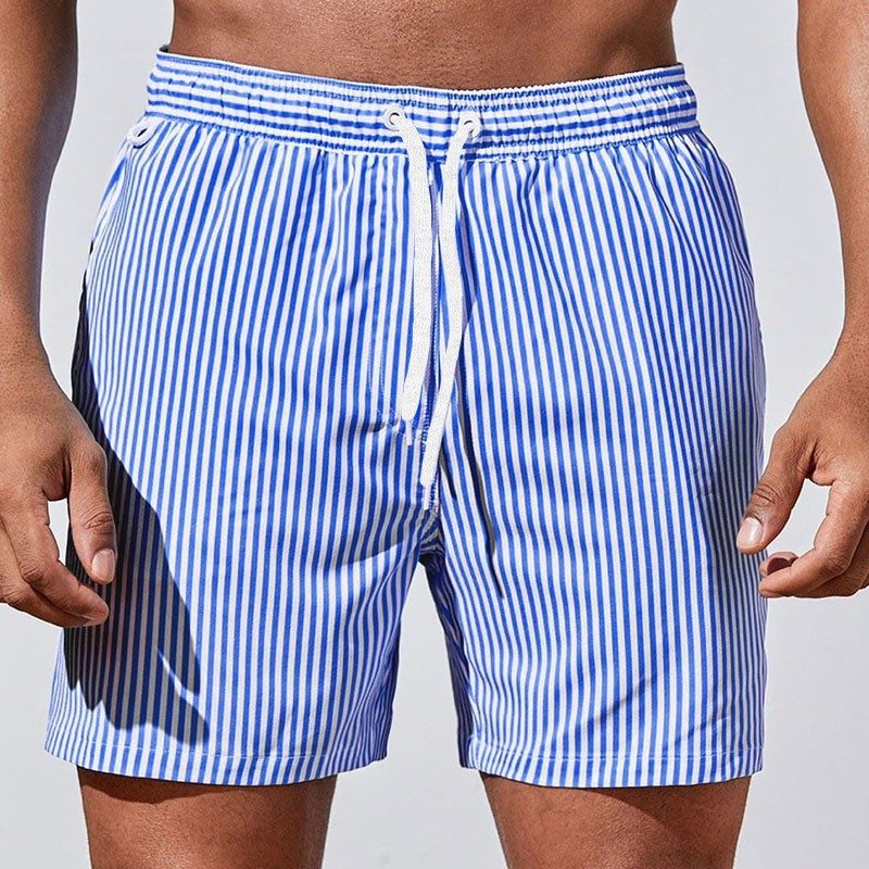 Men's striped drawstring swim shorts for beachwear, featuring an elastic waist and quick-dry fabric for summer.