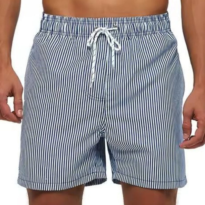 Modern striped men's shorts with drawstring closure, designed for stylish swimwear and practical summer beach days.