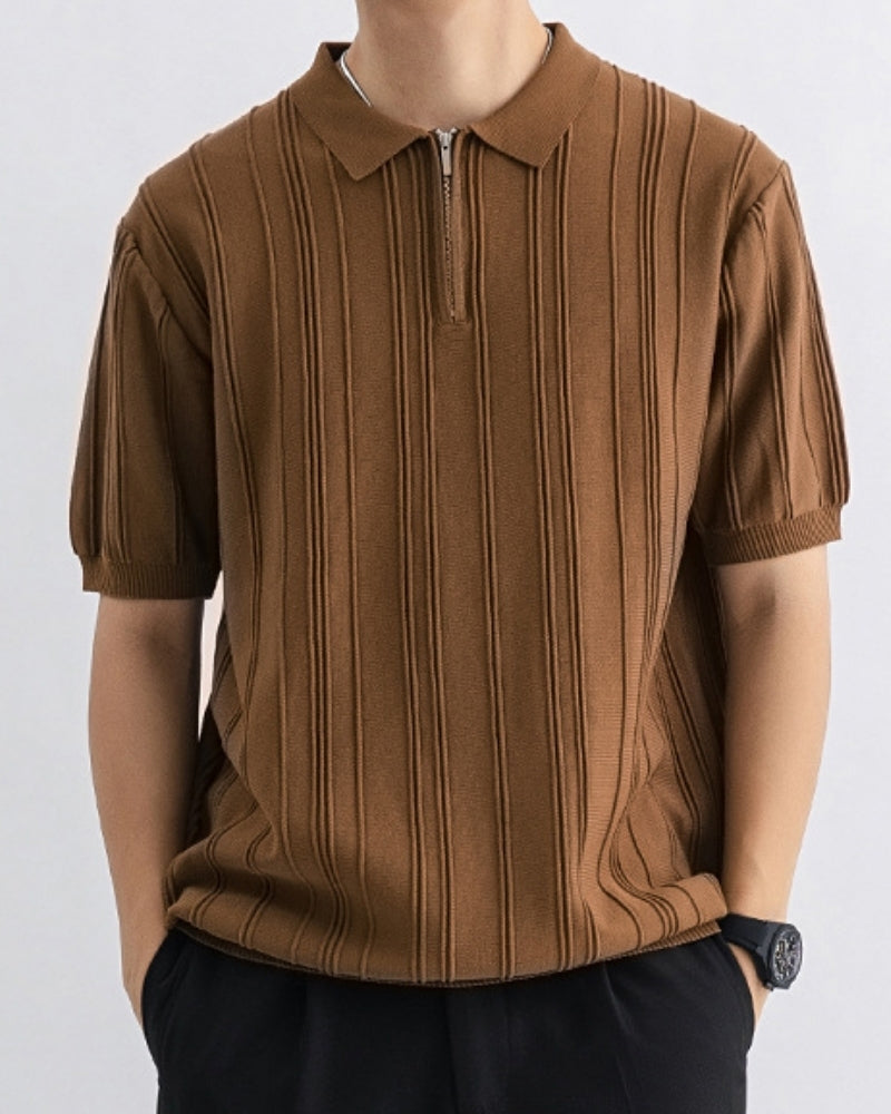 Men's striped half-zip polo shirt, ideal for smart casual wear. Ribbed knit, comfortable summer top.