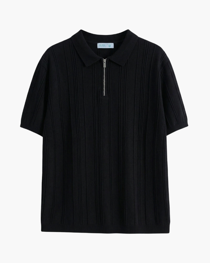 Modern men's striped half-zip polo shirt, designed for comfort and style in men's summer outfits.