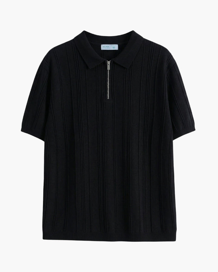 Modern men's striped half-zip polo shirt, designed for comfort and style in men's summer outfits.